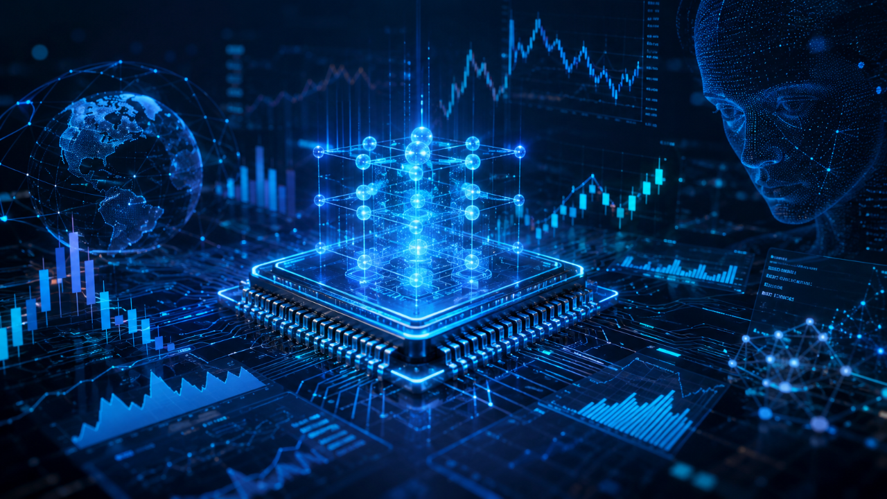 Chip quântico avançado com fluxos de dados e gráficos financeiros futuristas.