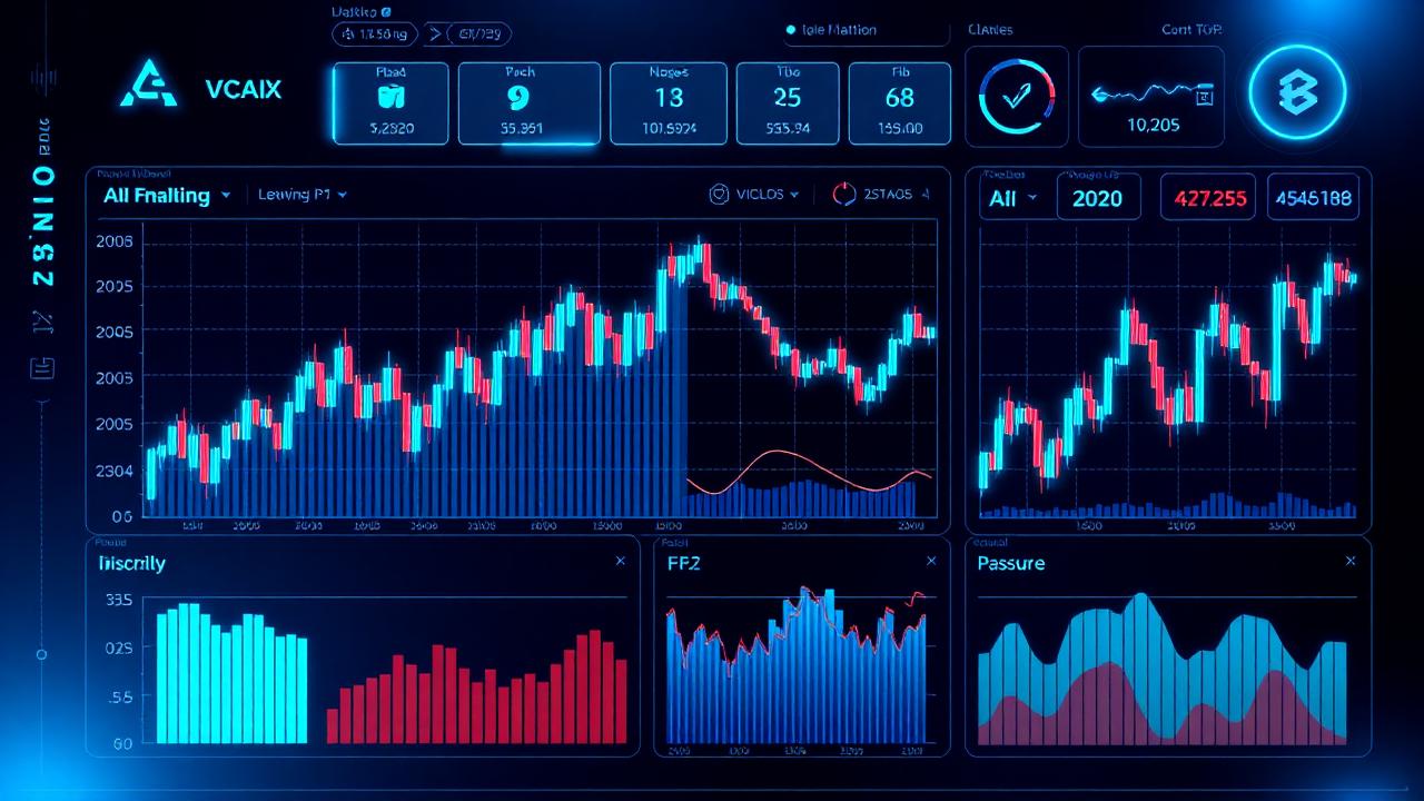 Painel financeiro futurista com inteligência artificial e gráficos
