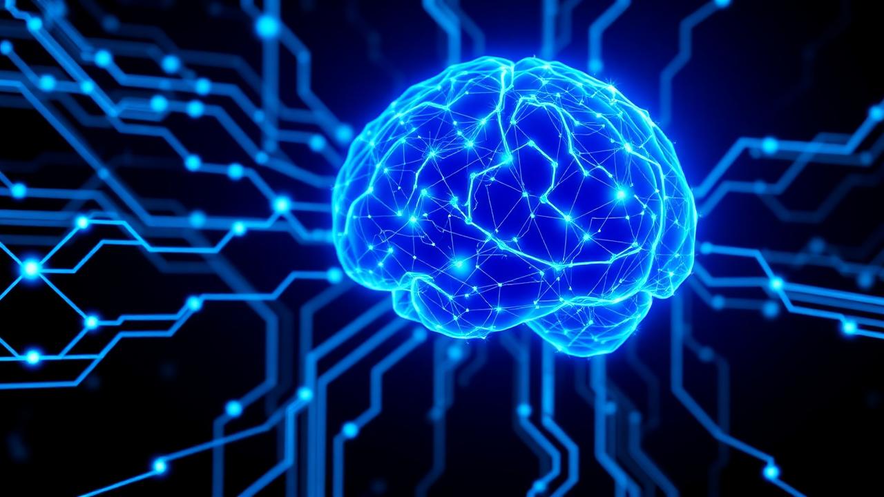 Conceito visual de inteligência artificial conectada à computação quântica