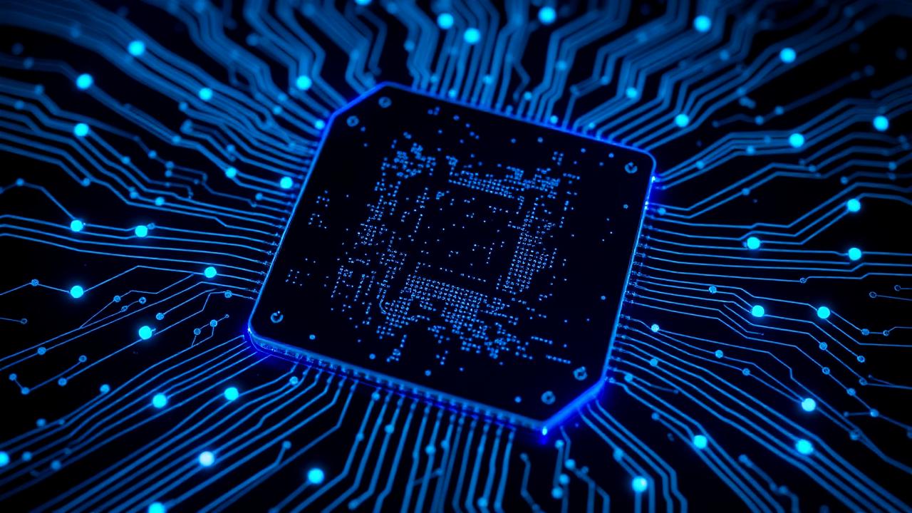 Ilustração futurista de computação quântica com chip e circuitos neon